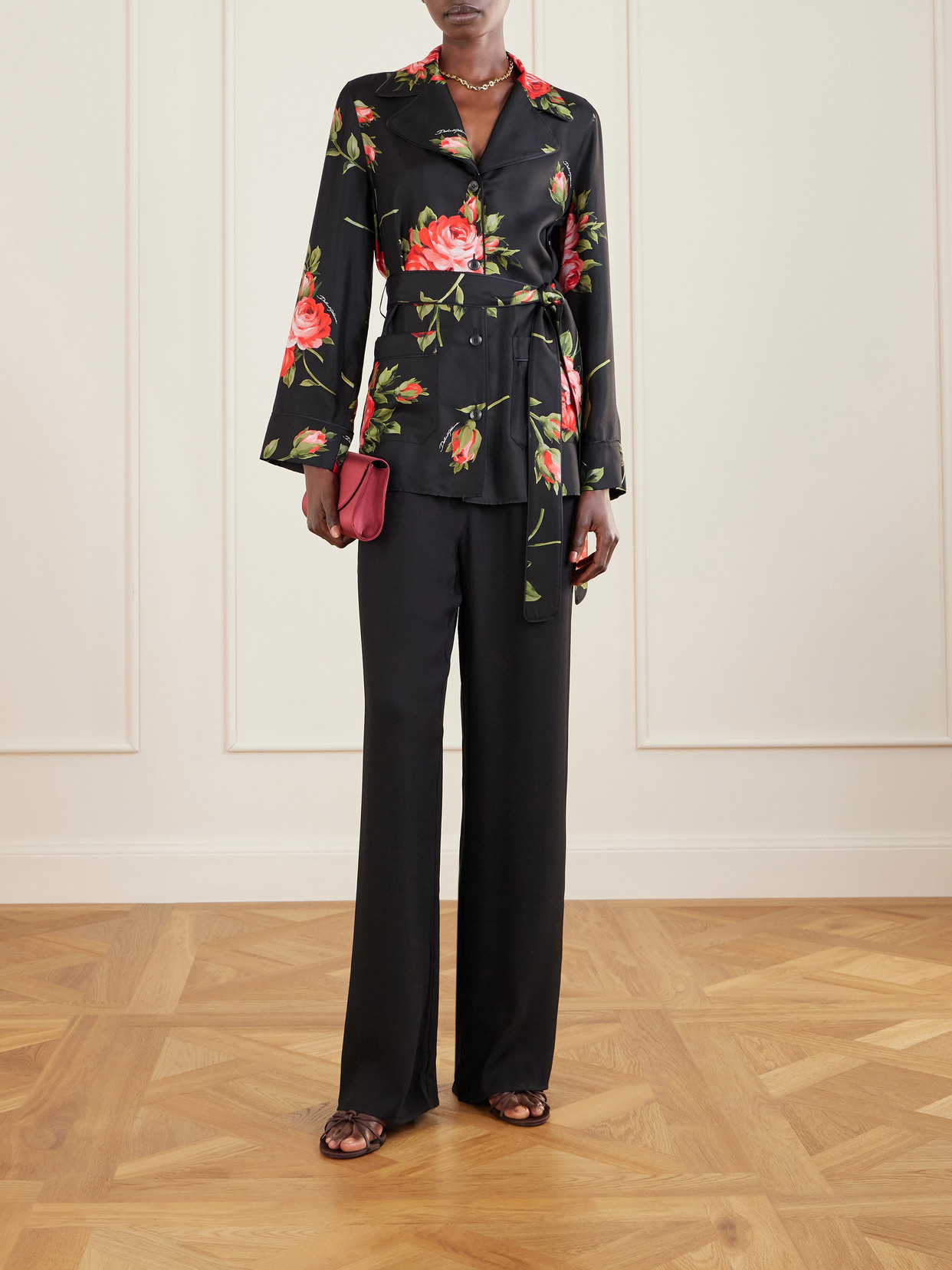 Belted Floral-Print Silk-Twill Shirt