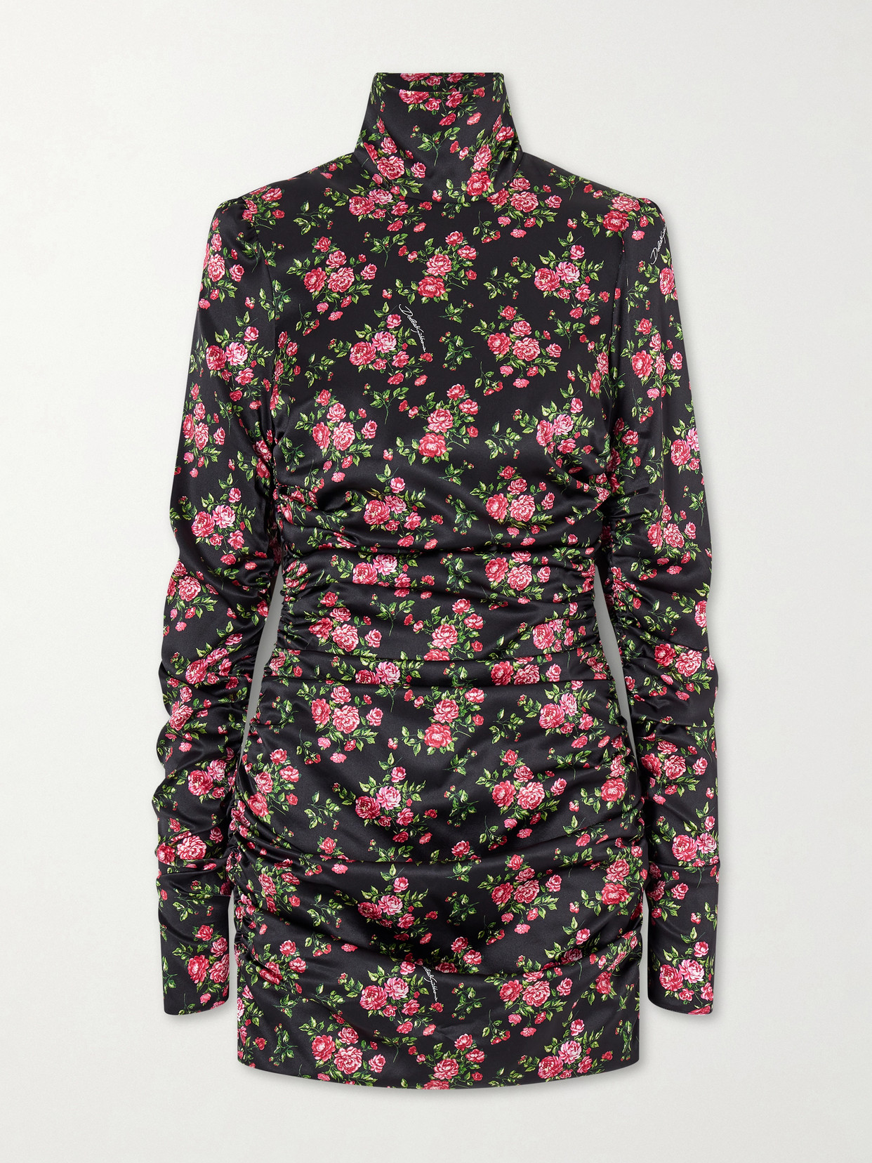 Dolce & Gabbana Black Dress With Floral Print And Side Draping In Silk Woman In Black