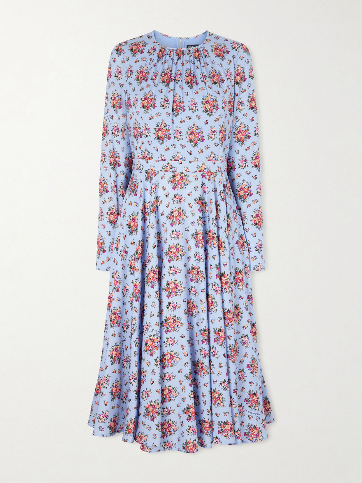 Dolce & Gabbana Belted Gathered Floral-print Silk-blend Midi Dress In Blue