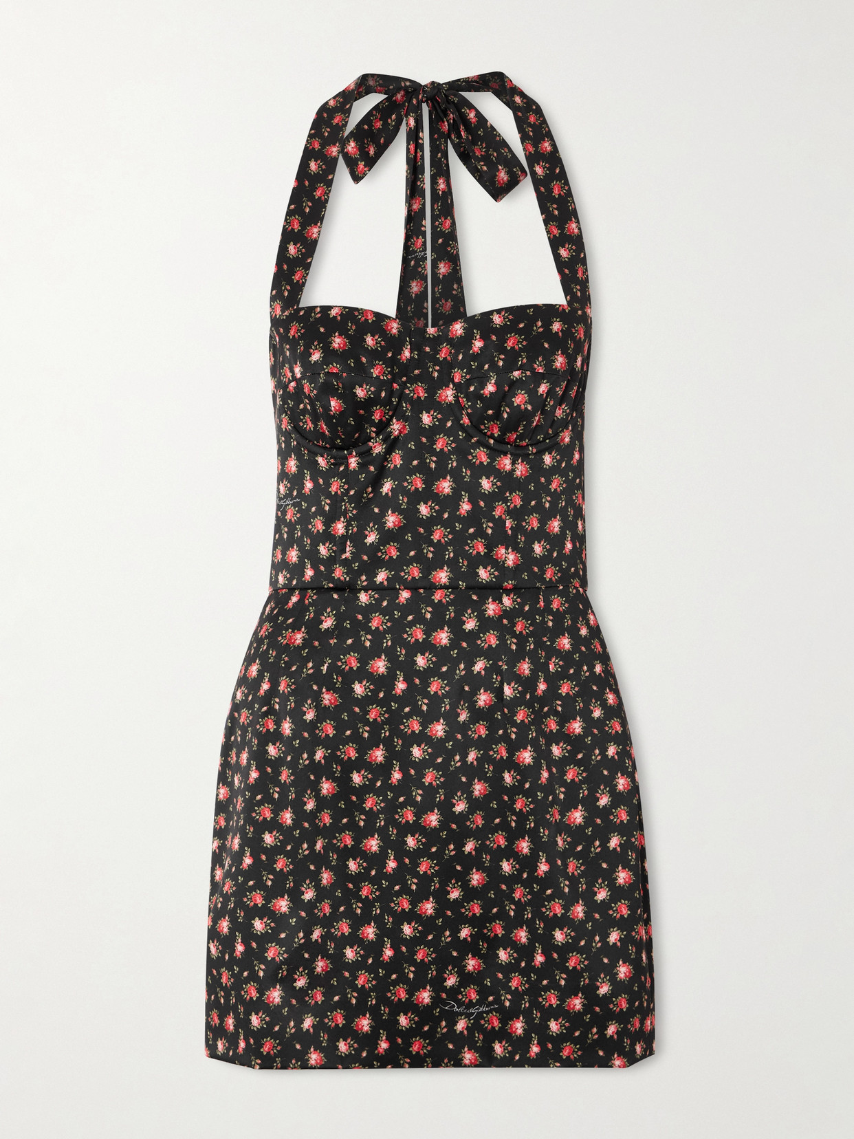 Dolce & Gabbana Floral-print Silk-blend Satin Halterneck Mini Dress In Black