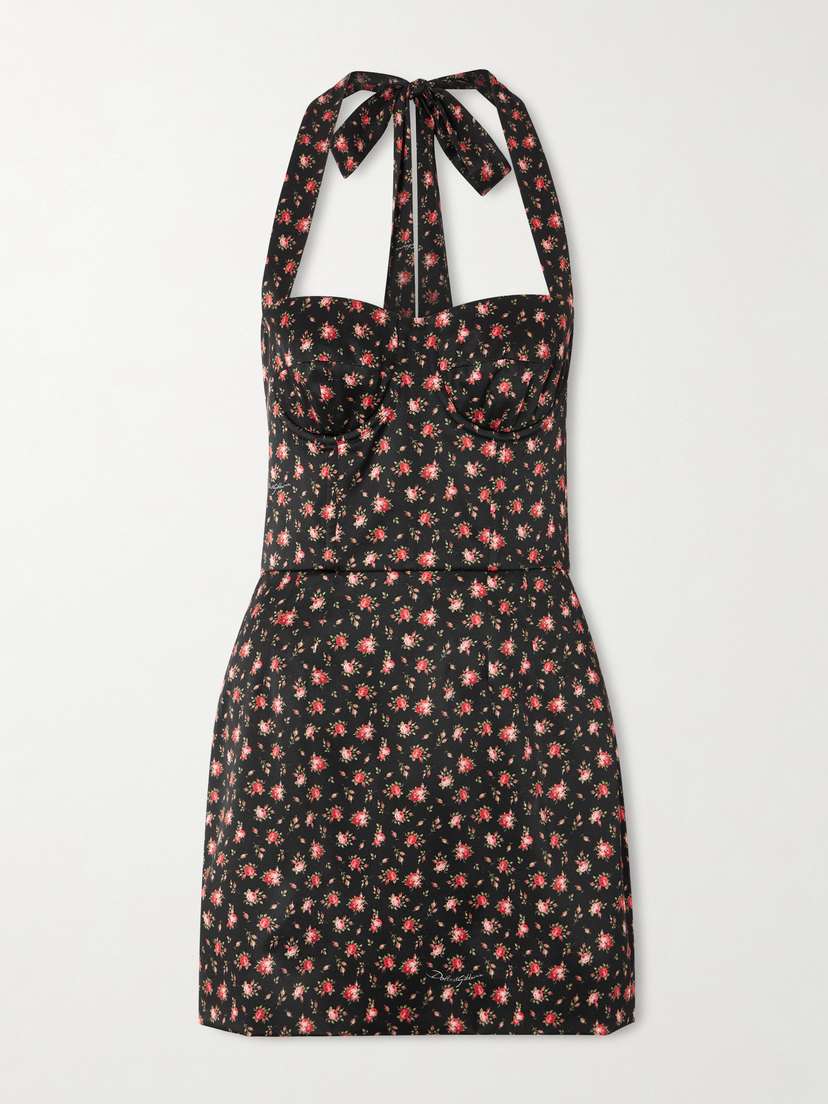 Dolce & Gabbana Floral-print Silk-blend Satin Halterneck Mini Dress