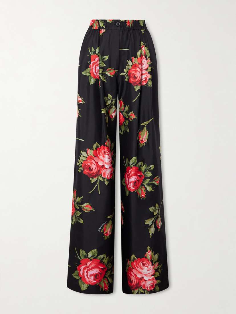 Dolce & Gabbana Floral-print Silk-twill Wide-leg Pants