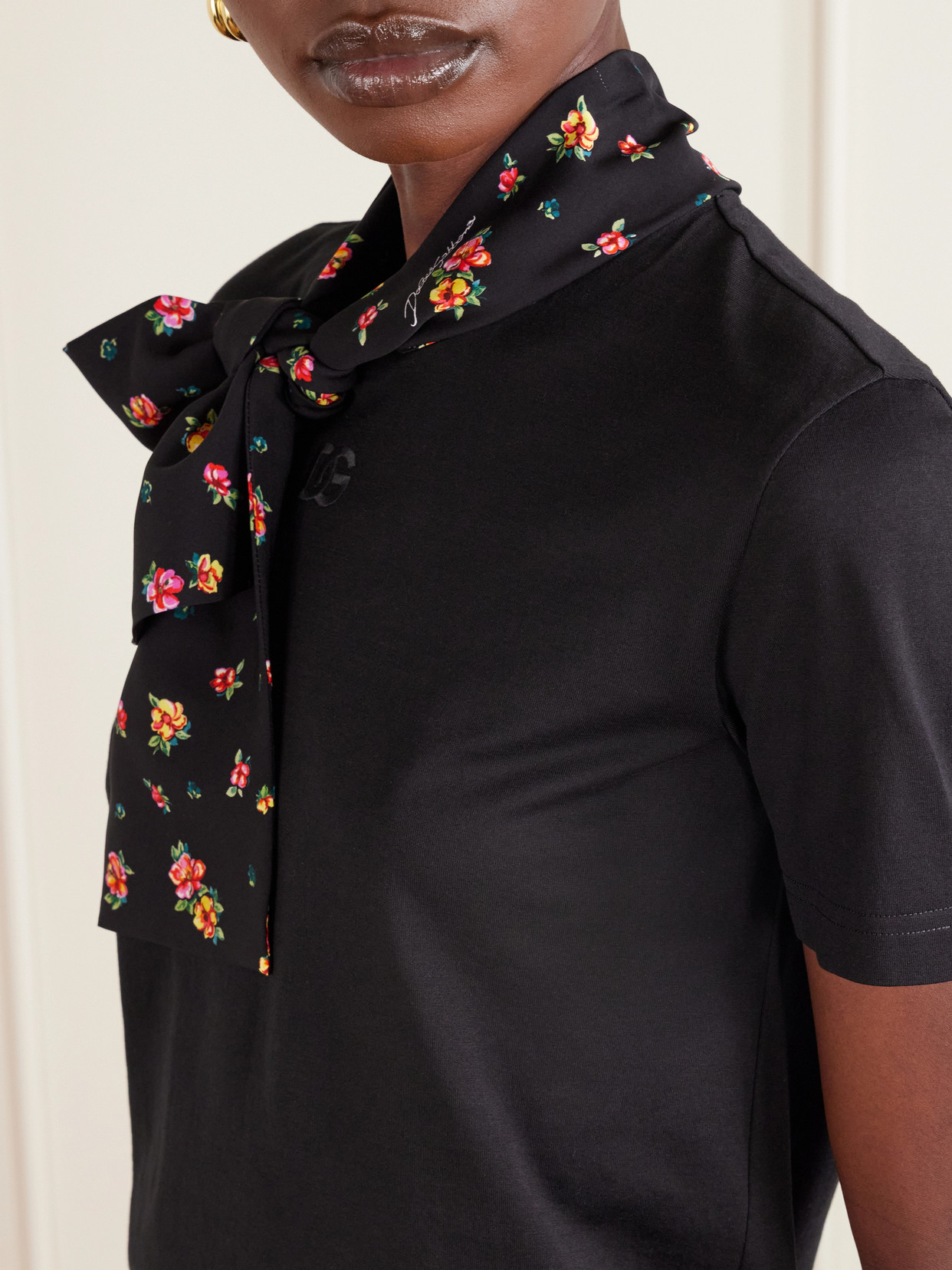 Scarf-Detailed Satin-Trimmed Cotton-Blend Jersey T-Shirt