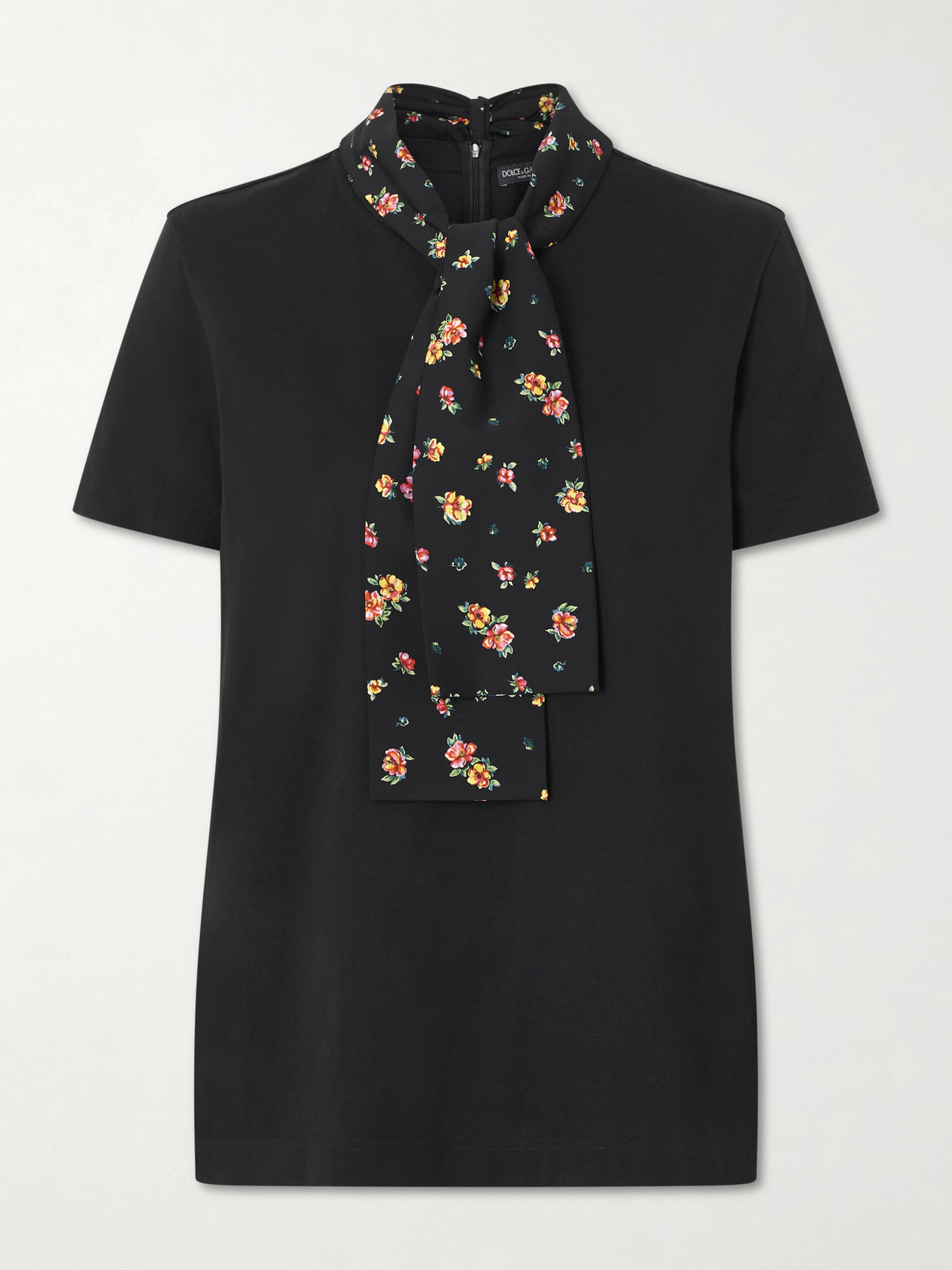 Dolce & Gabbana Scarf-detailed Satin-trimmed Cotton-blend Jersey T-shirt In Multi