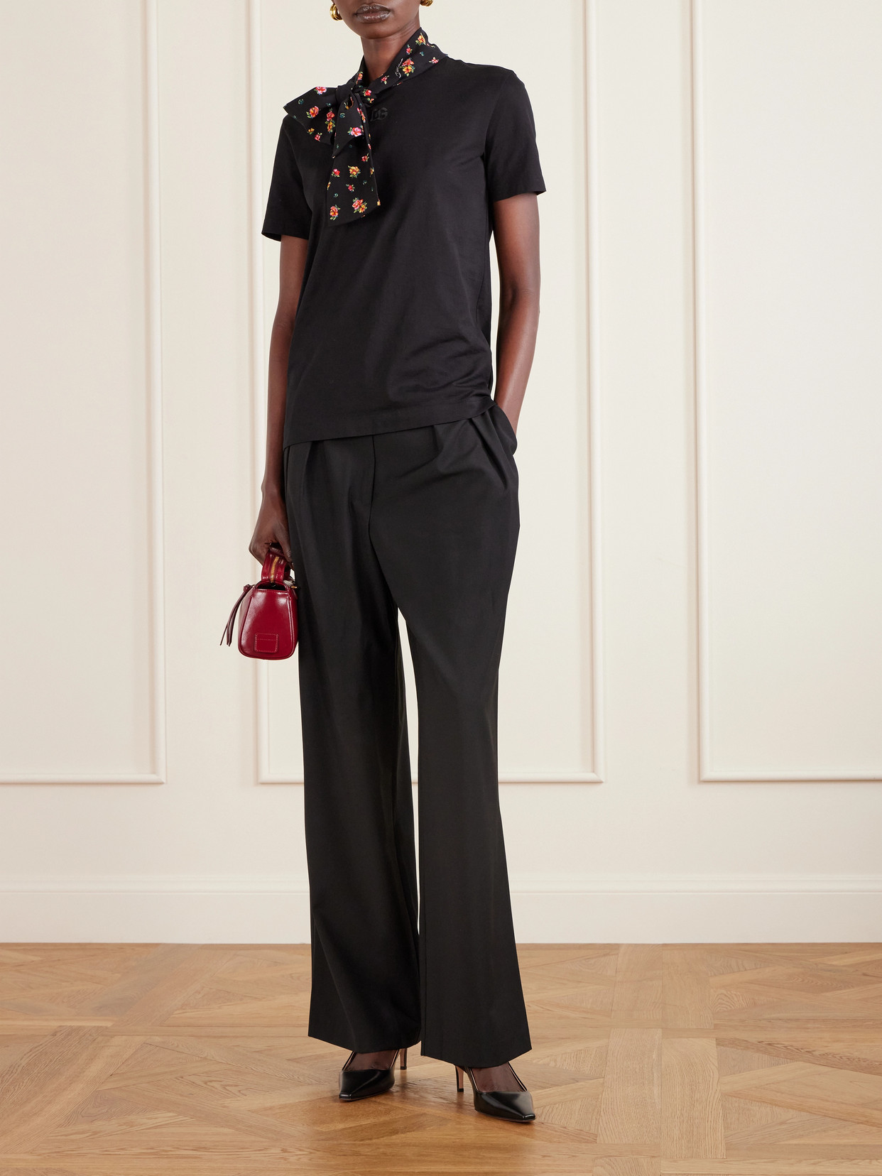 Scarf-Detailed Satin-Trimmed Cotton-Blend Jersey T-Shirt