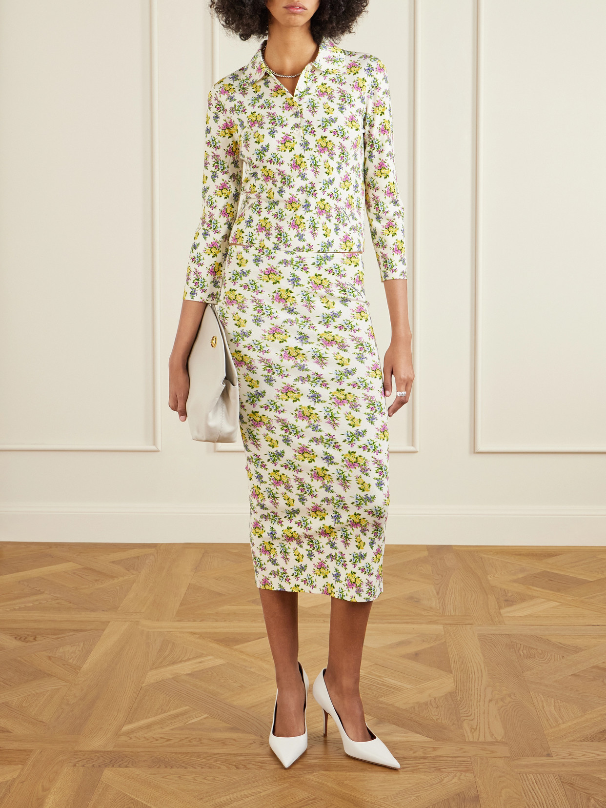 Floral-Print Ribbed-Knit Midi