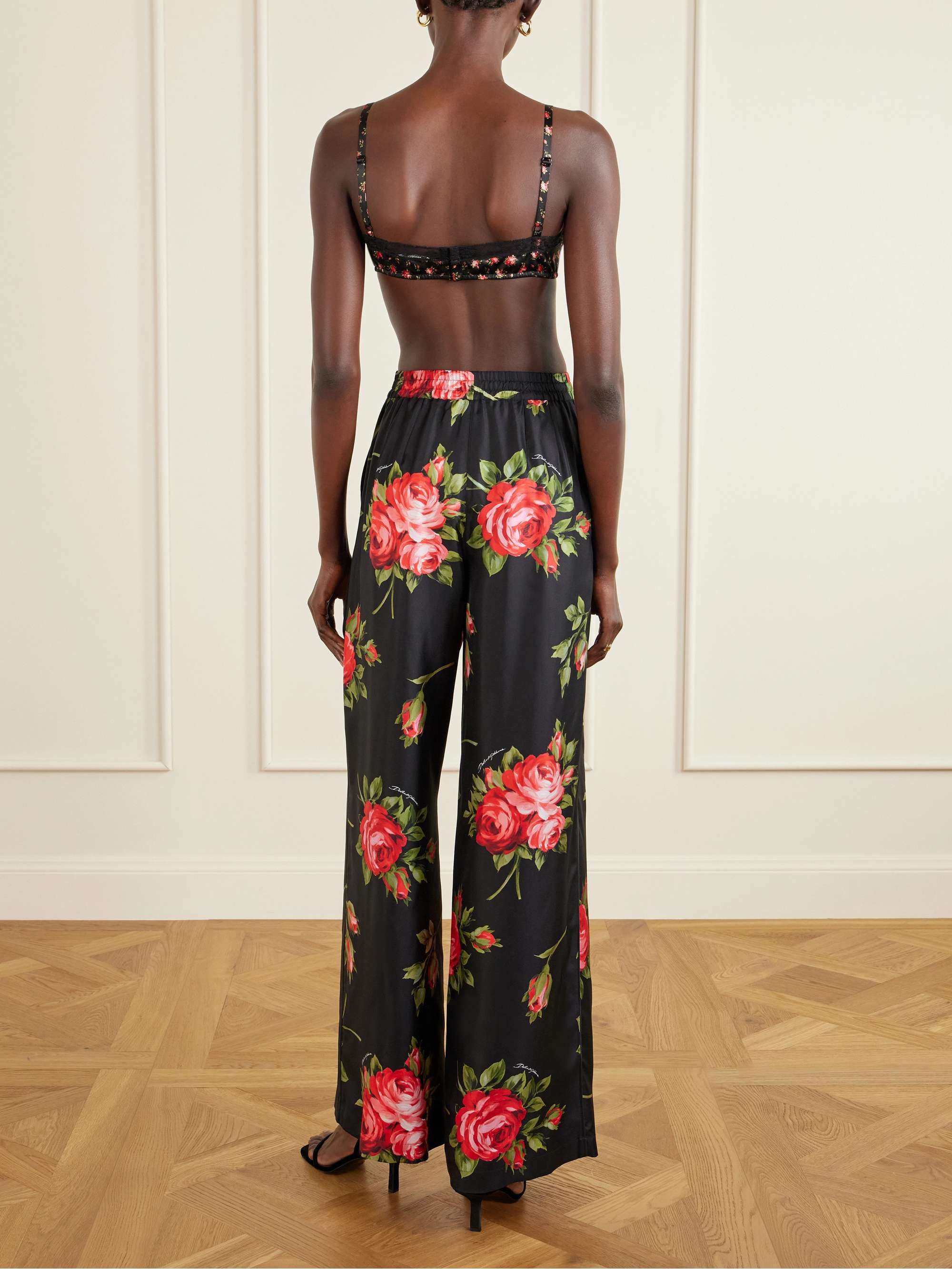 DOLCE&GABBANA カットソー トップス シルク 豪華 薔薇柄 36 DOLCE&GABBANA Lace-trimmed floral-print satin bralette top | NET-A