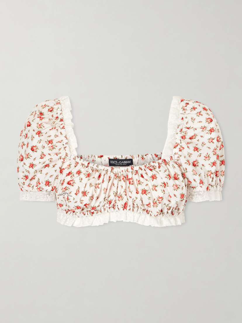 Dolce & Gabbana Cropped Printed Lace-trimmed Cotton-blend Poplin Top
