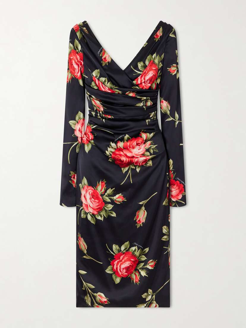 Dolce & Gabbana Ruched Floral-printed Satin Midi Dress