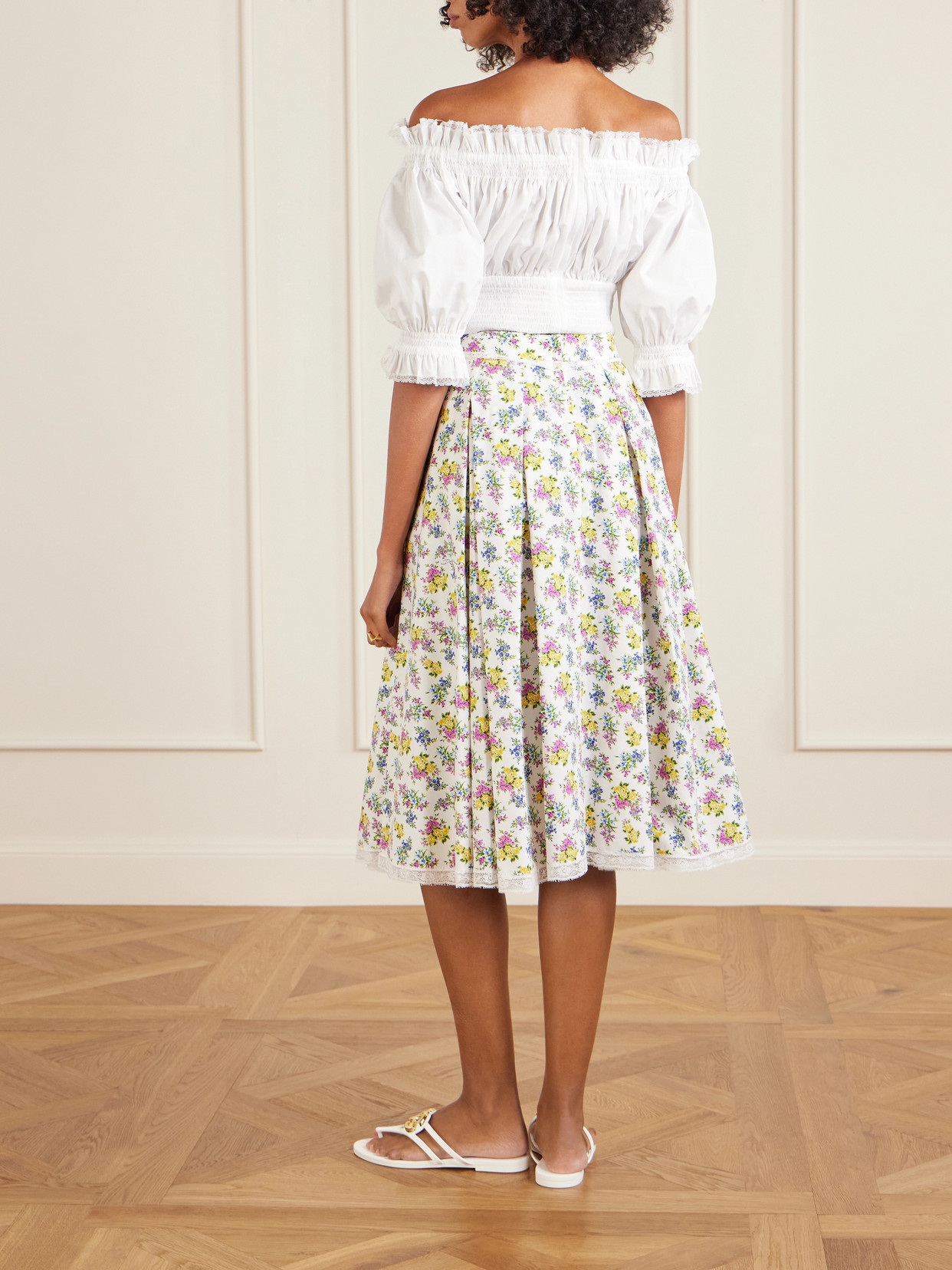 Pleated Floral-Print Cotton-Poplin Midi