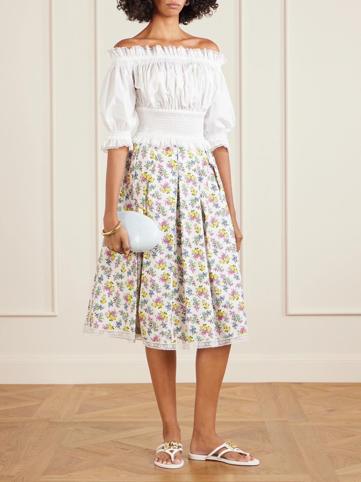 Pleated Floral-Print Cotton-Poplin Midi