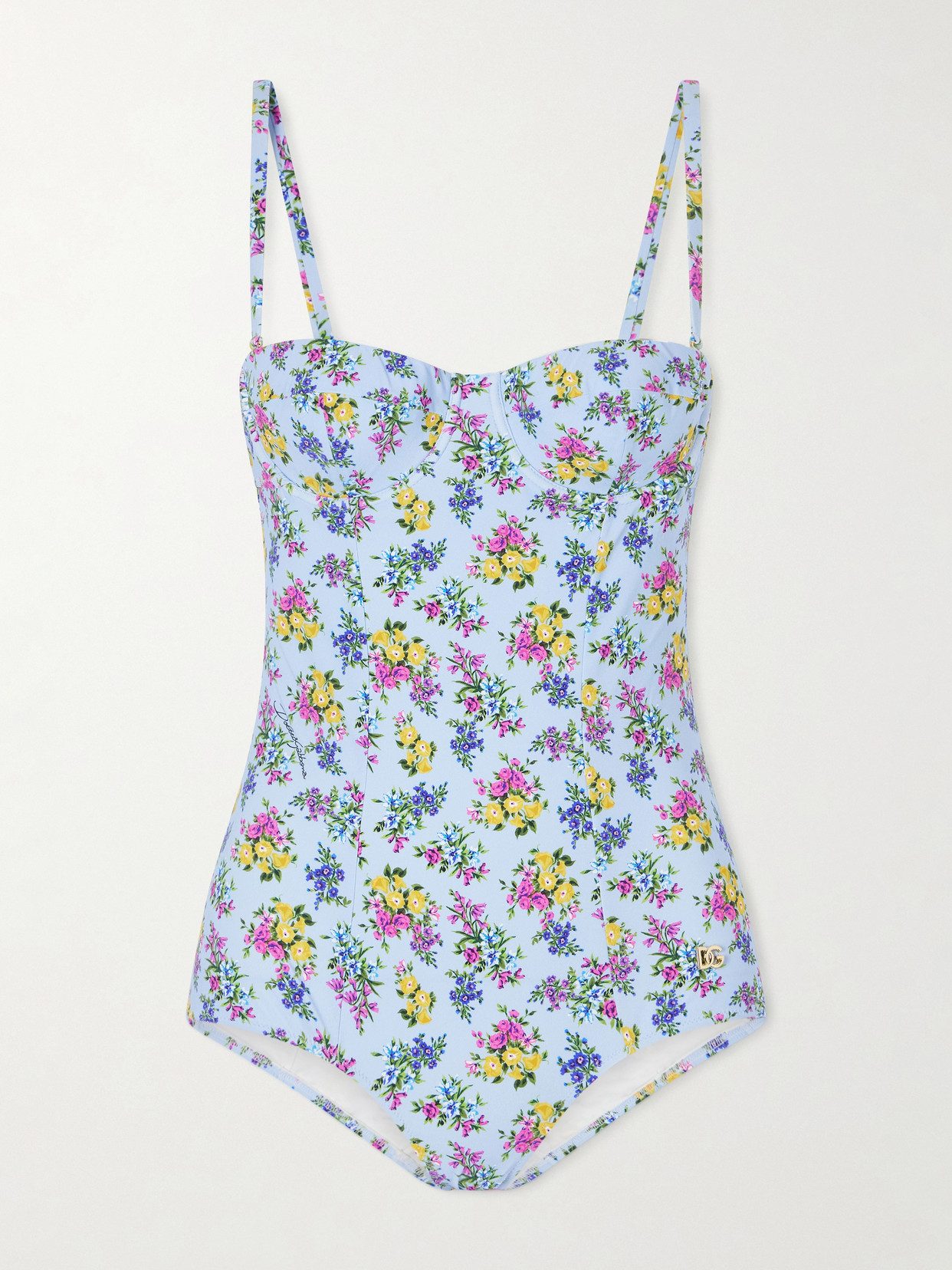 Dolce & Gabbana Embellished Floral-print Swimsuit In Blue