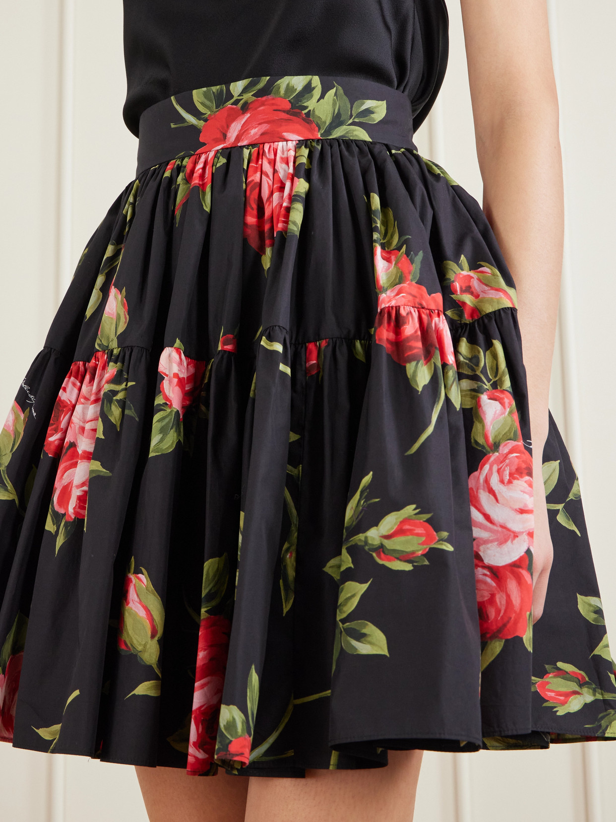 Dolce & Gabbana Tiered Floral-print Cotton-poplin Mini Skirt In Black