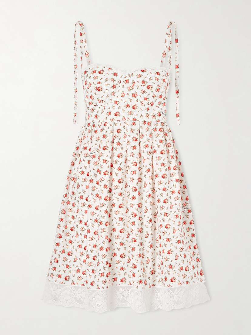 Lace-trimmed Floral-print Cotton-blend Poplin Bustier Mini Dress