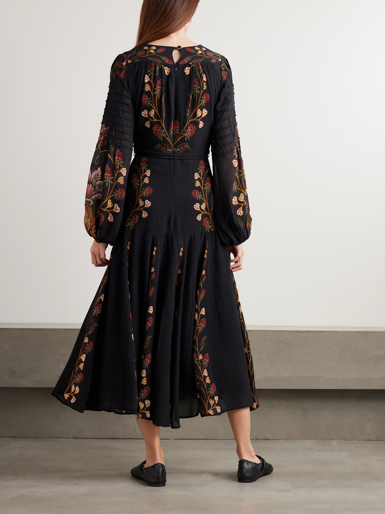 Farm Rio Berry Garden Belted Floral-print Crepe De Chine Midi Dress In Black