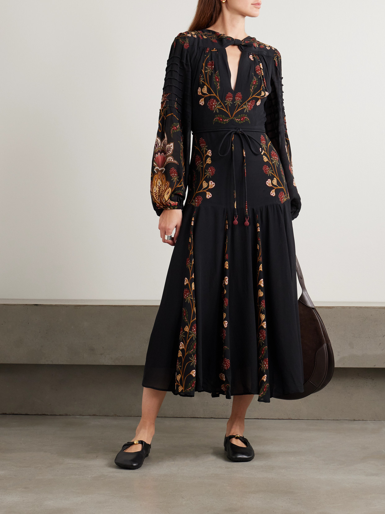 Farm Rio Berry Garden Belted Floral-print Crepe De Chine Midi Dress In Black