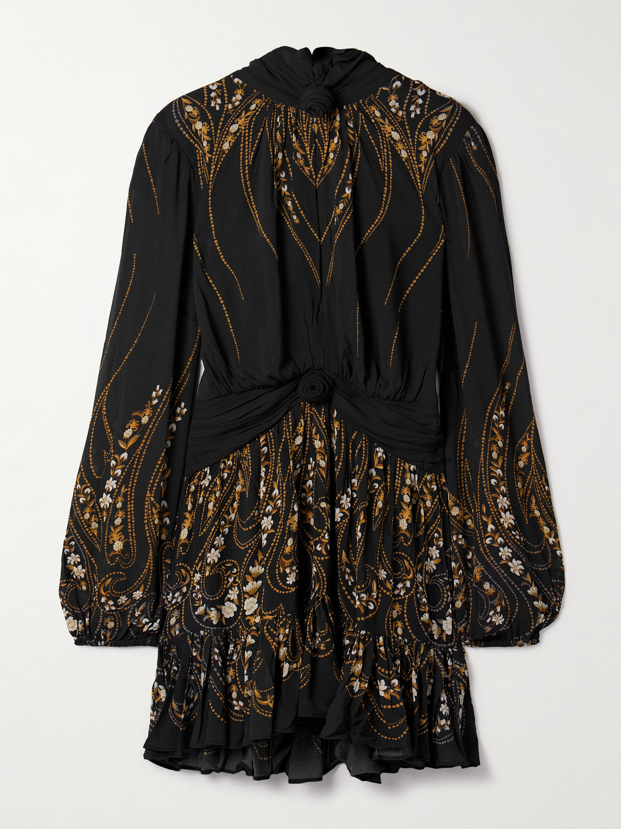 Farm Rio Tie-neck Floral-print Georgette Mini Dress In Black