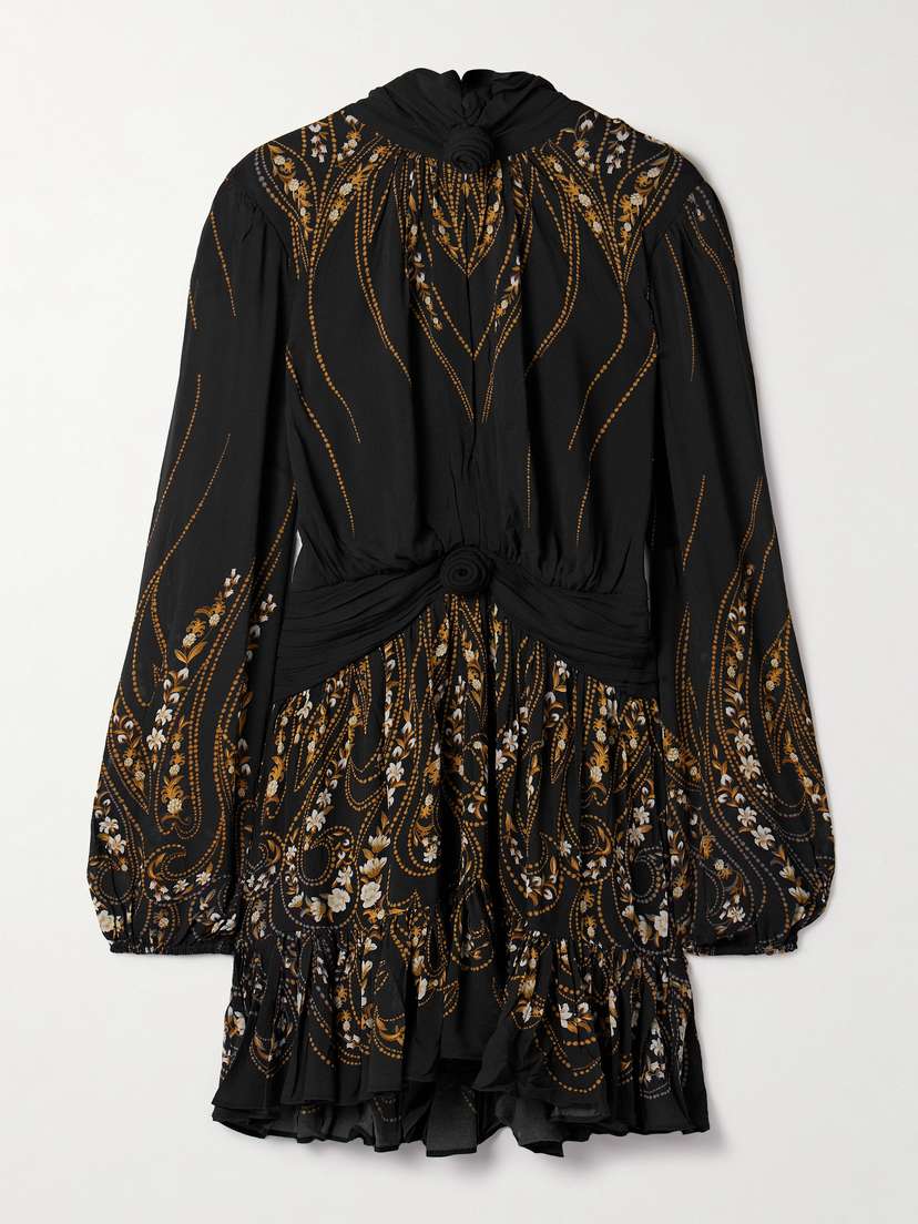 Farm Rio Tie-neck Floral-print Georgette Mini Dress