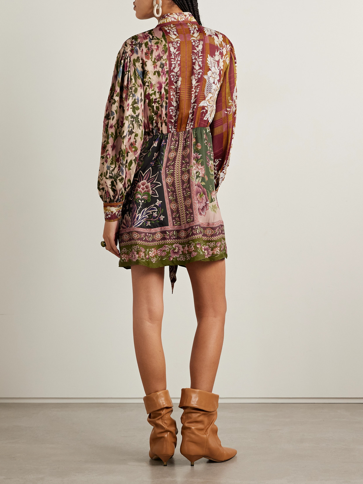 Farm Rio Tie-detailed Floral-print Twill Mini Shirt Dress In Multi