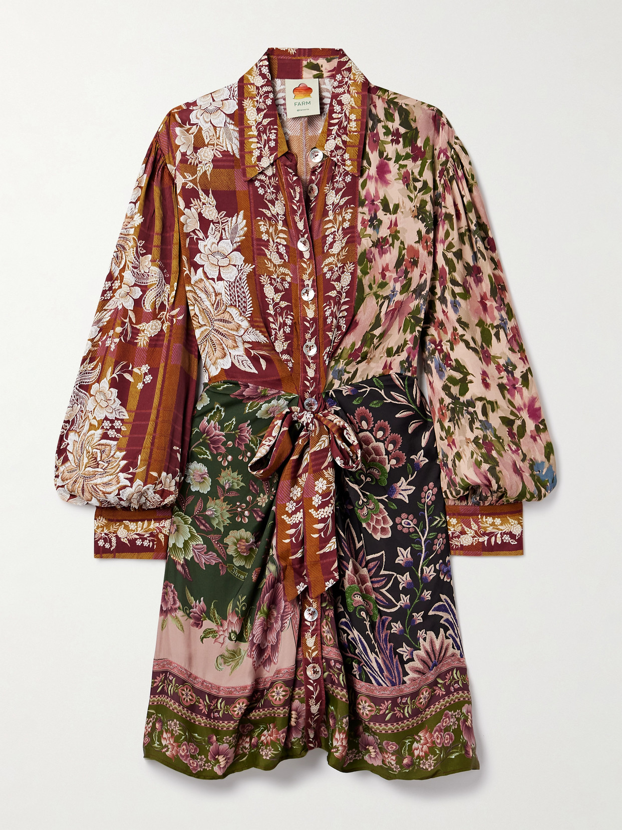 Farm Rio Tie-detailed Floral-print Twill Mini Shirt Dress In Multi