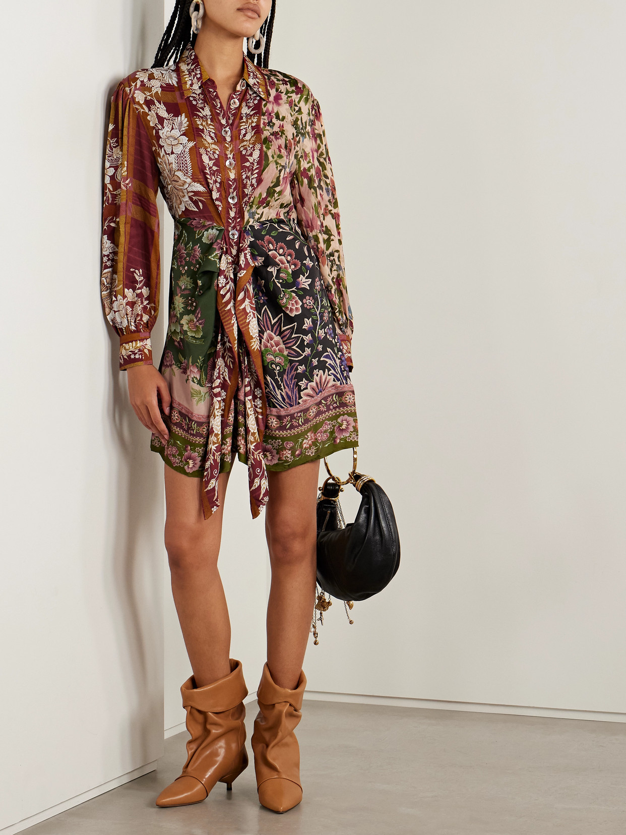 Farm Rio Tie-detailed Floral-print Twill Mini Shirt Dress In Multi