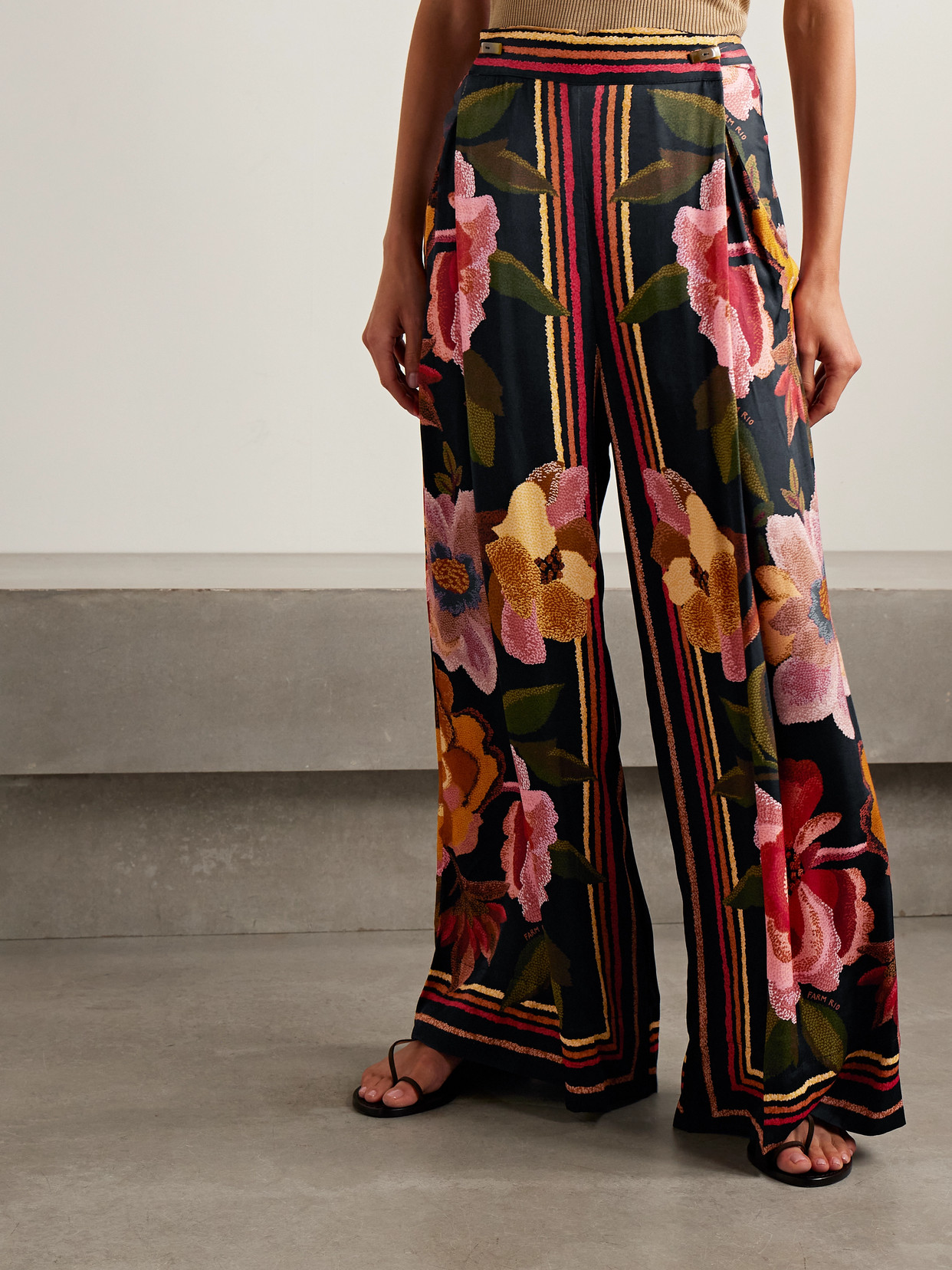 Farm Rio Wrap-effect Pleated Floral-print Twill Wide-leg Pants In Multi