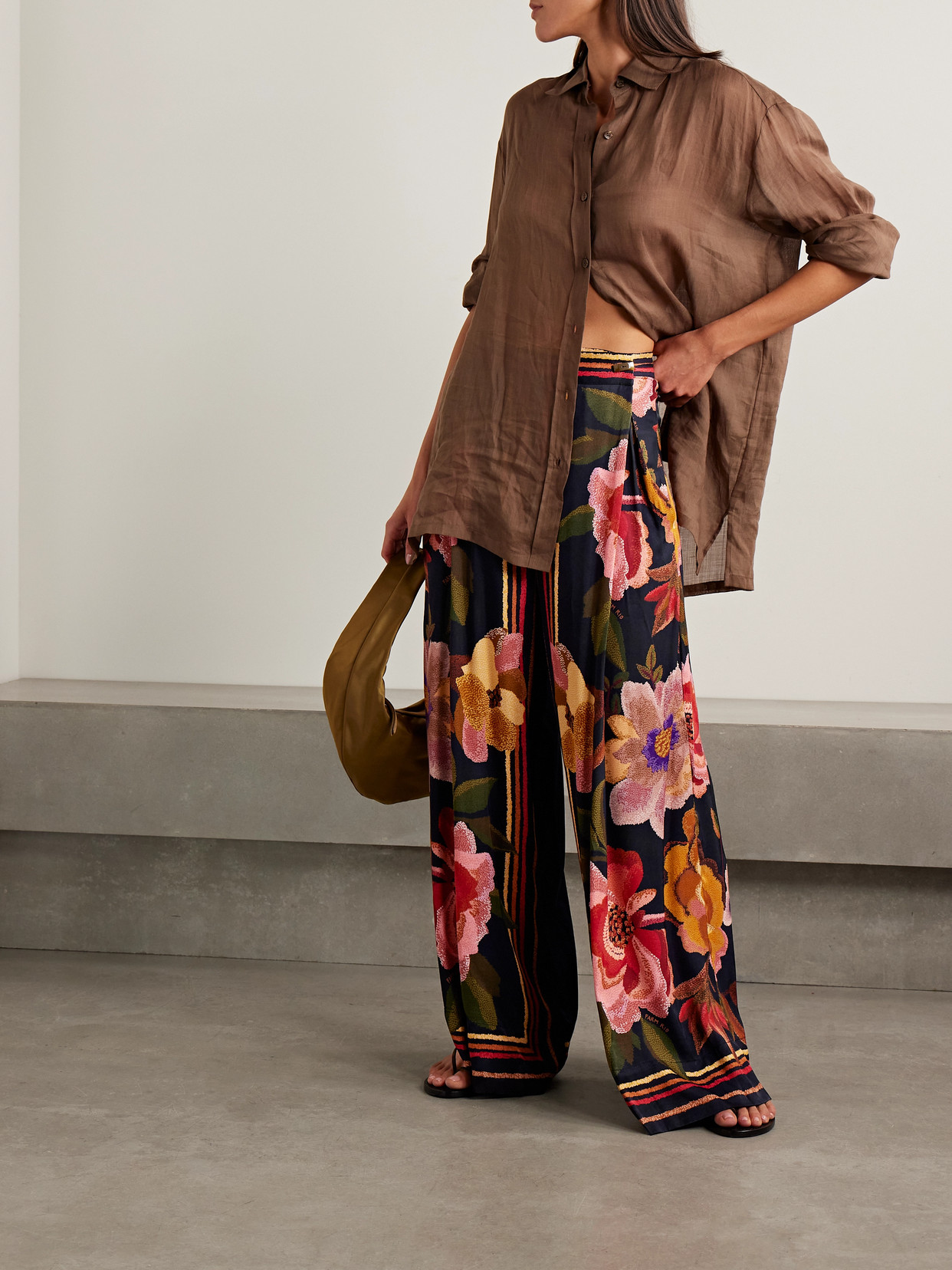Farm Rio Wrap-effect Pleated Floral-print Twill Wide-leg Pants In Multi