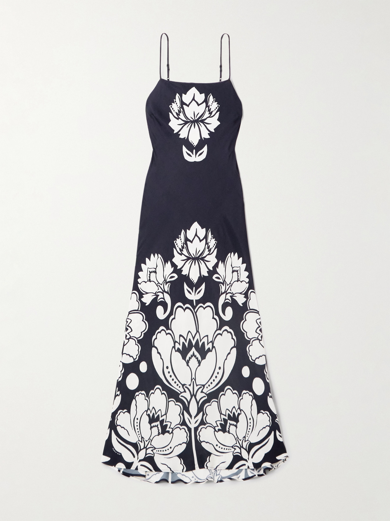 Farm Rio Floral-print Satin Maxi Dress In Blue