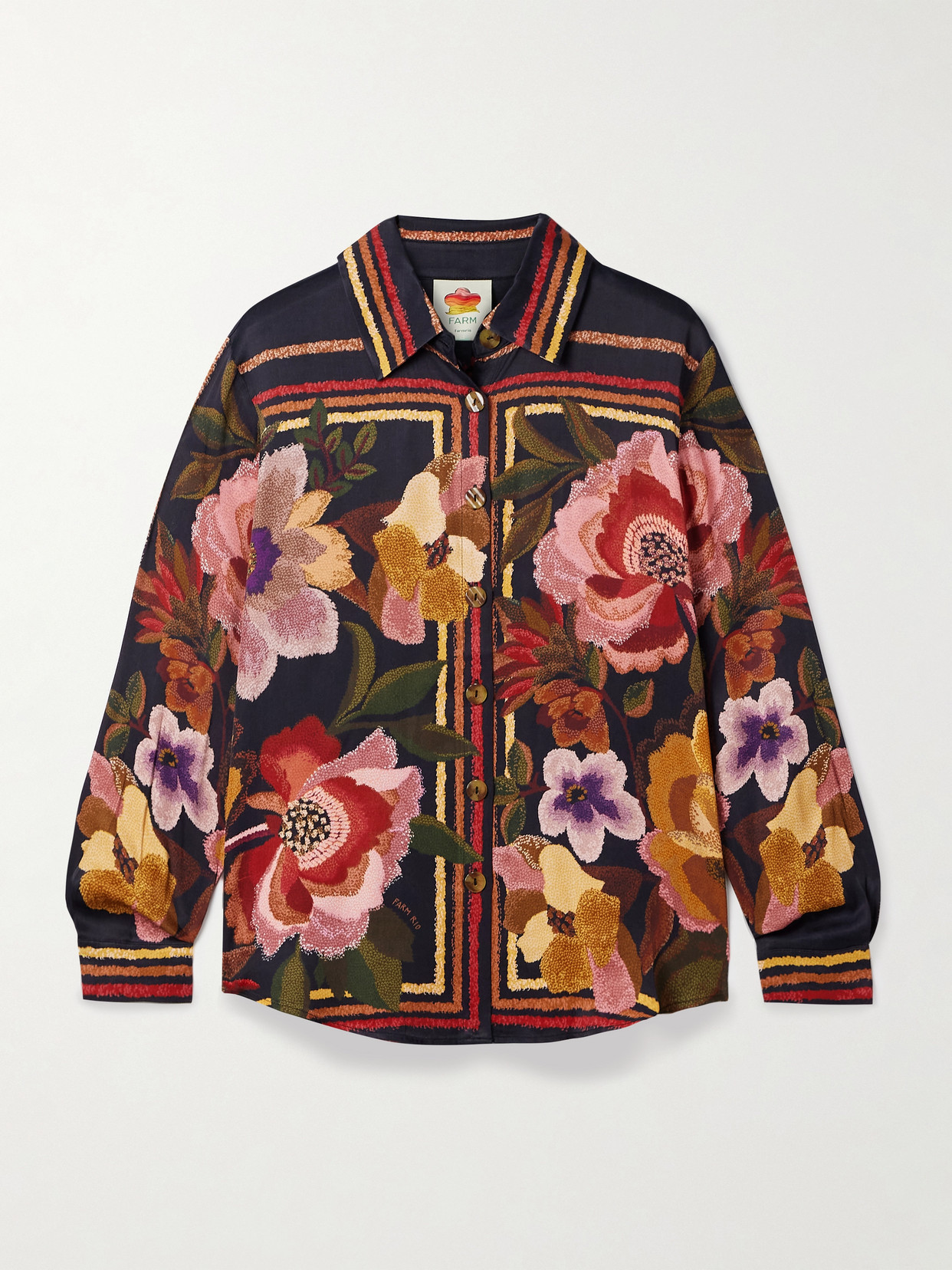 Farm Rio Floral-print Satin Shirt In Black