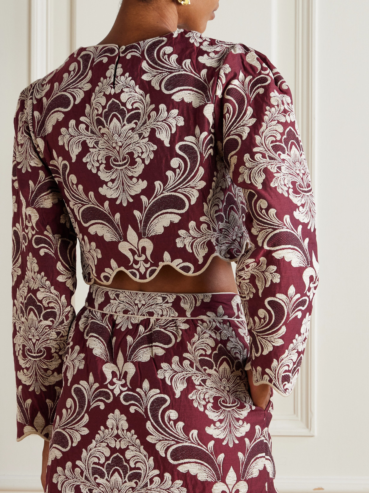 Farm Rio Cropped Cotton-blend Jacquard Top In Burgundy