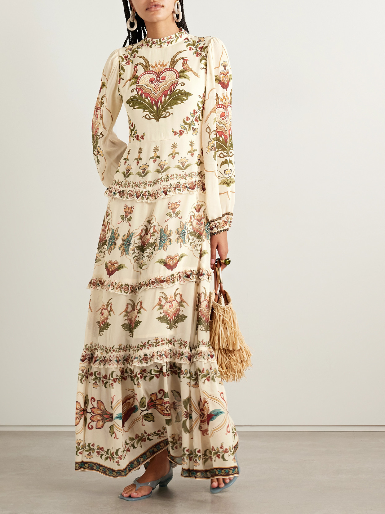 Farm Rio Majestic Hearts Tiered Floral-print Georgette Maxi Dress In Multi