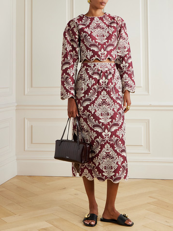 FARM Rio Cotton-blend jacquard midi skirt