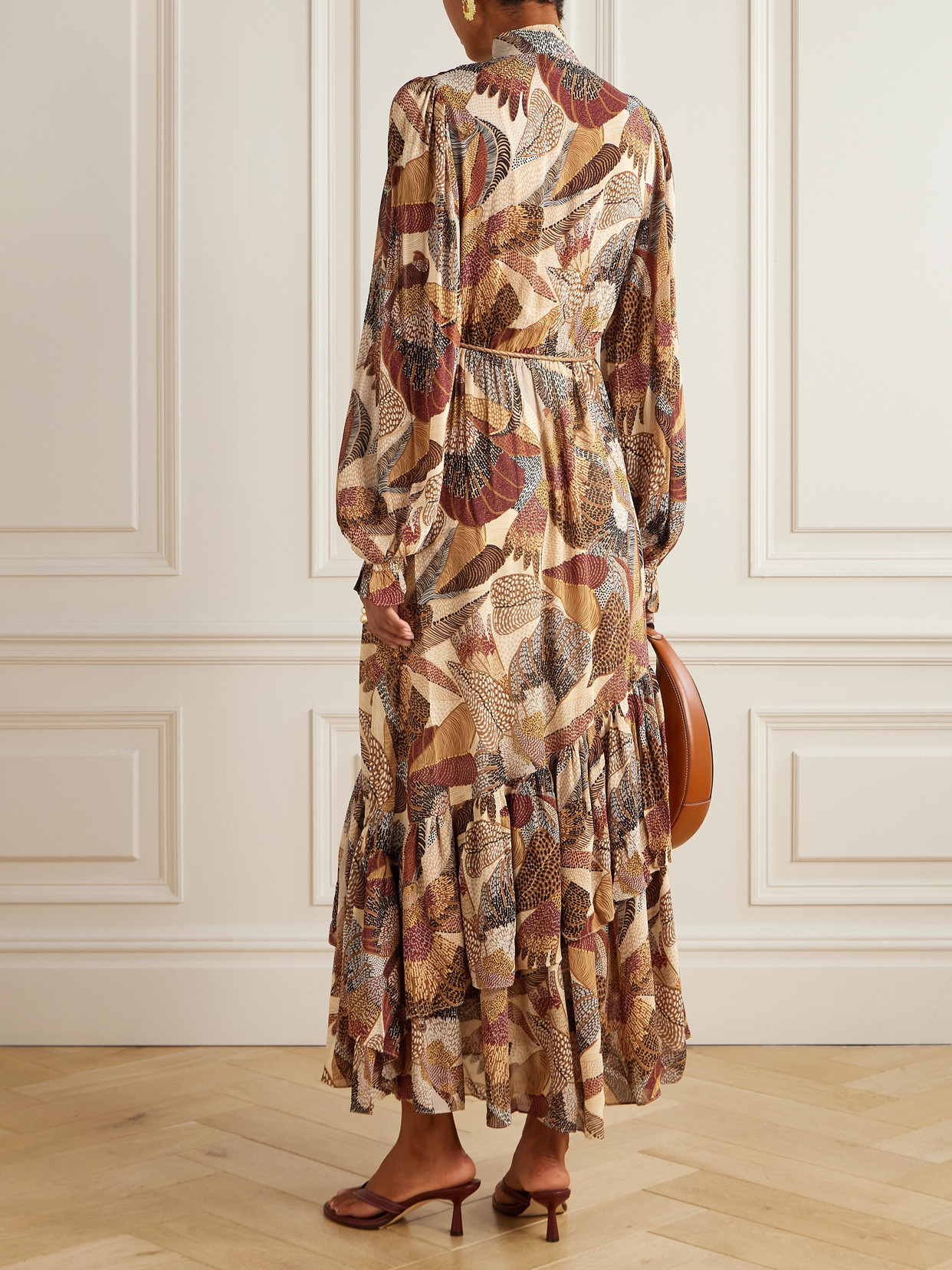 Farm Rio Cream Dotted Macaws Long Sleeve Maxi Dress In Brown