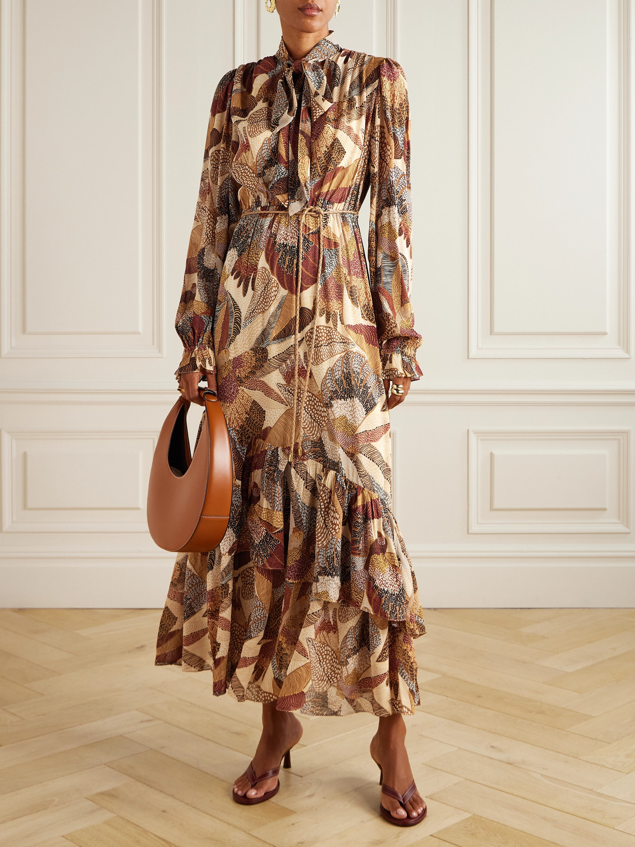 Farm Rio Cream Dotted Macaws Long Sleeve Maxi Dress In Brown