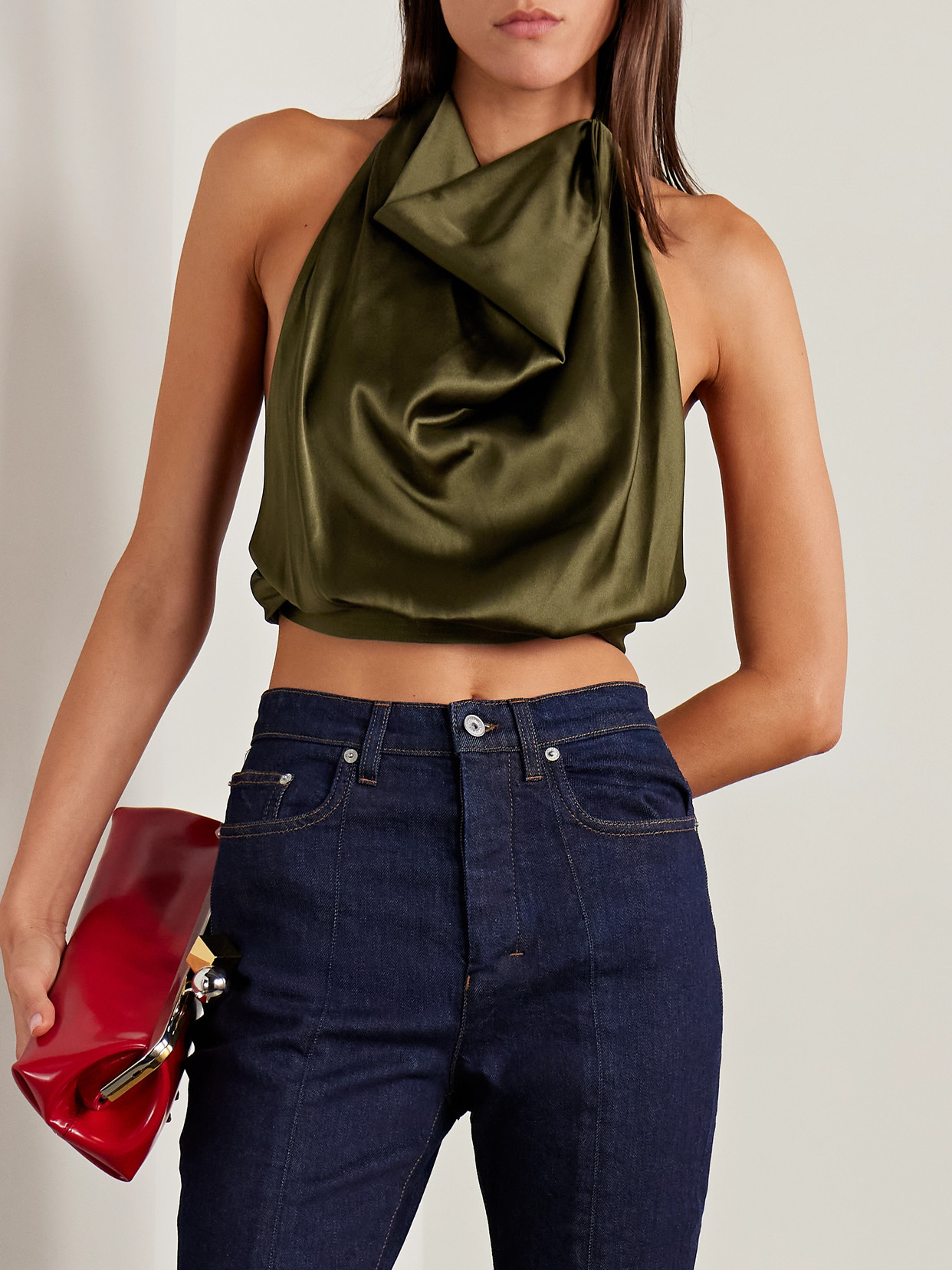 Cult Gaia Adrienne Open-back Draped Silk-blend Satin Halterneck Tank In Multi