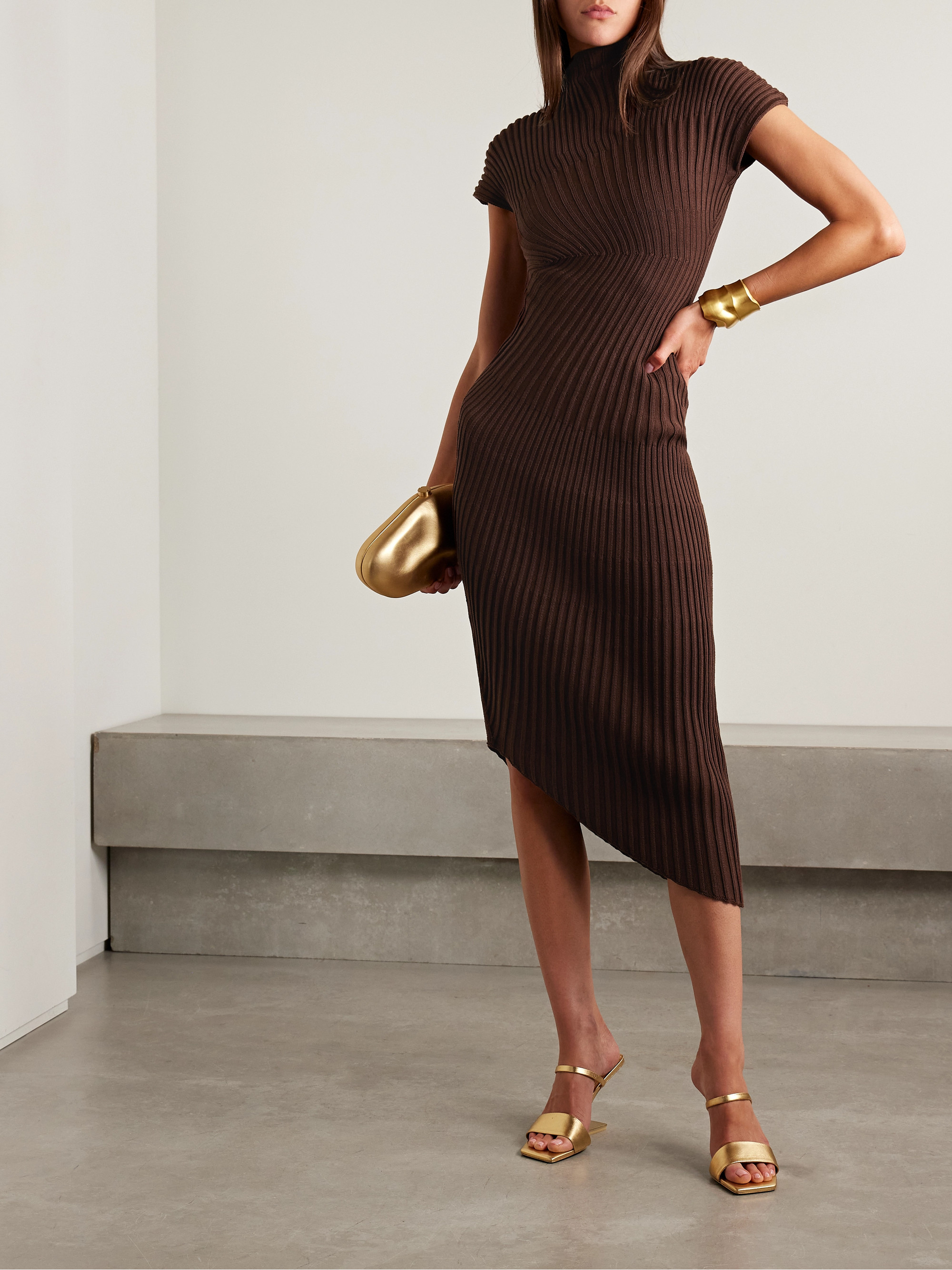 knee length dresses for ladies Ribbed Cotton Funnel Neck Dress