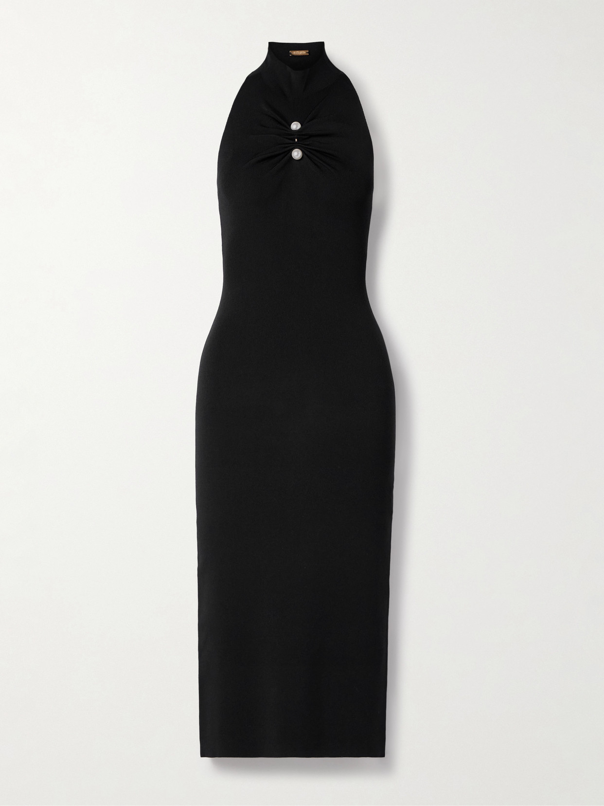 Cult Gaia Collin Faux Pearl-embellished Gathered Ribbed Stretch-jersey Turtleneck Midi Dress In Black