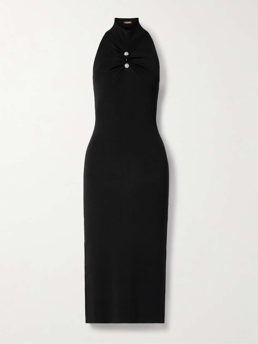 Cult Gaia Collin Faux Pearl-embellished Gathered Ribbed Stretch-jersey Turtleneck Midi Dress