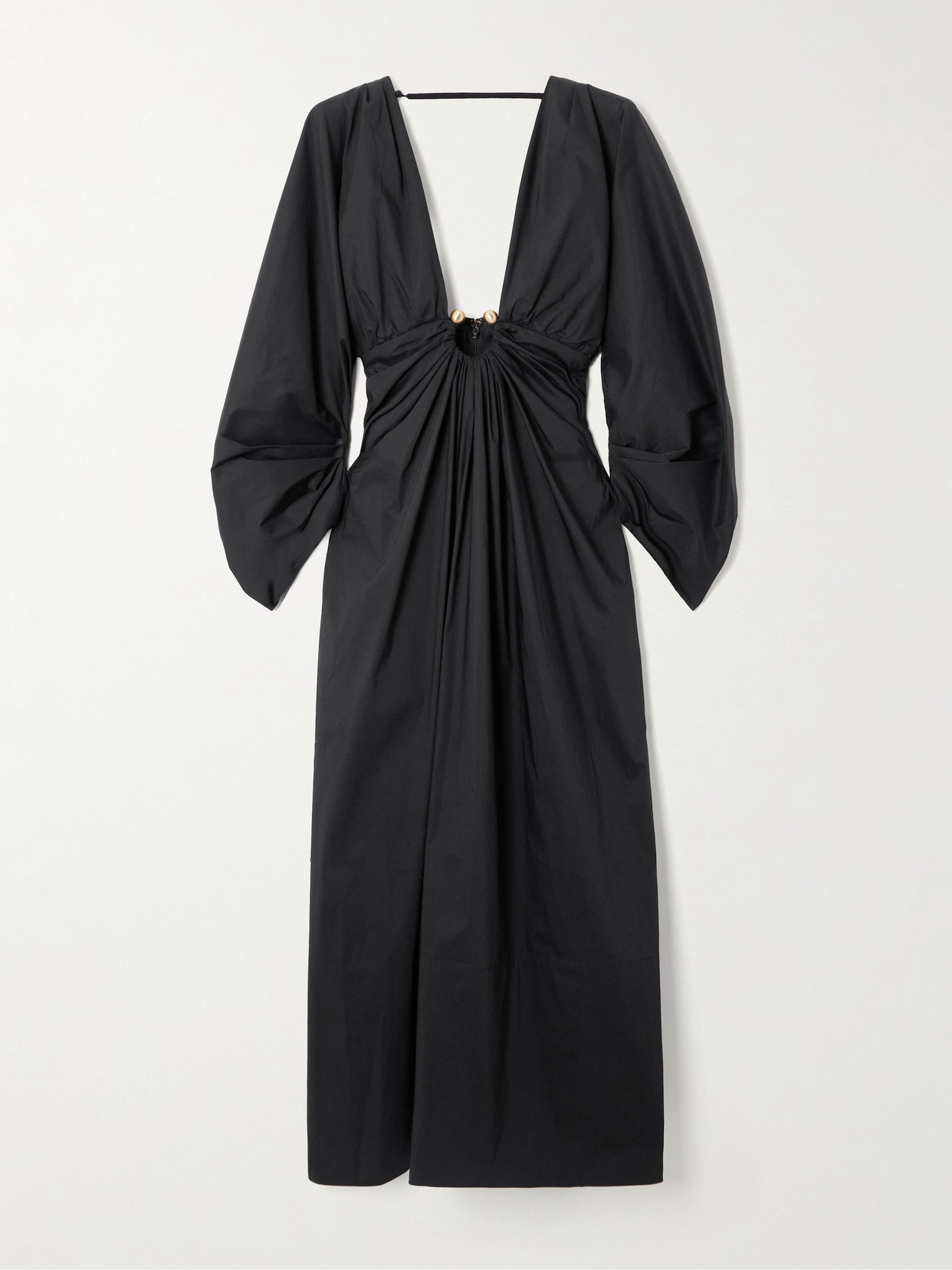 Cult Gaia Elyza Embellished Gathered Cotton-blend Poplin Midi Dress In Black