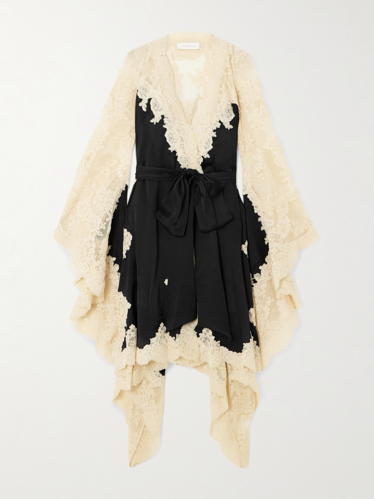 Zimmermann Hypnotic Belted Lace-trimmed Satin Mini Dress In Neutral
