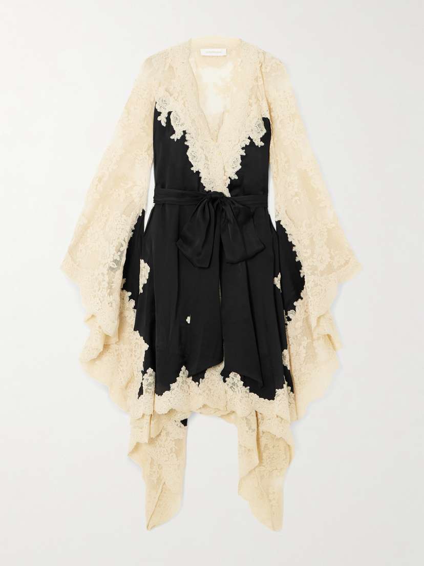 Zimmermann Hypnotic Belted Lace-trimmed Satin Mini Dress