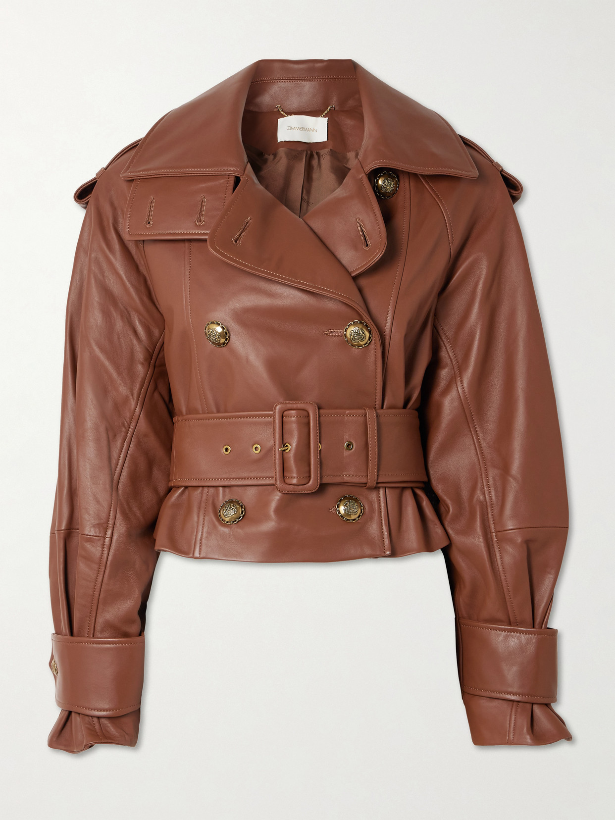Zimmermann Hypnotic Belted Cropped Leather Jacket In Brown