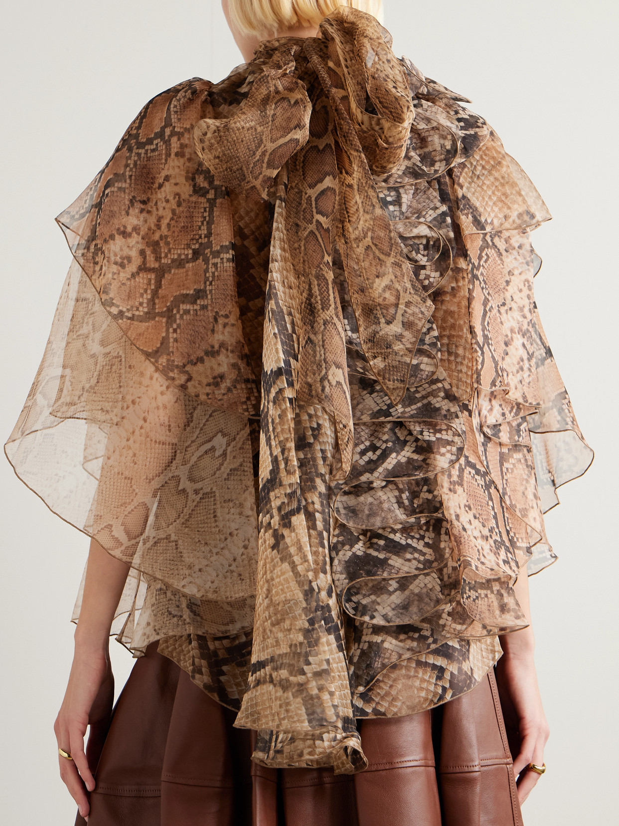 Ruffled Layered Snake-Print Silk-Chiffon Blouse