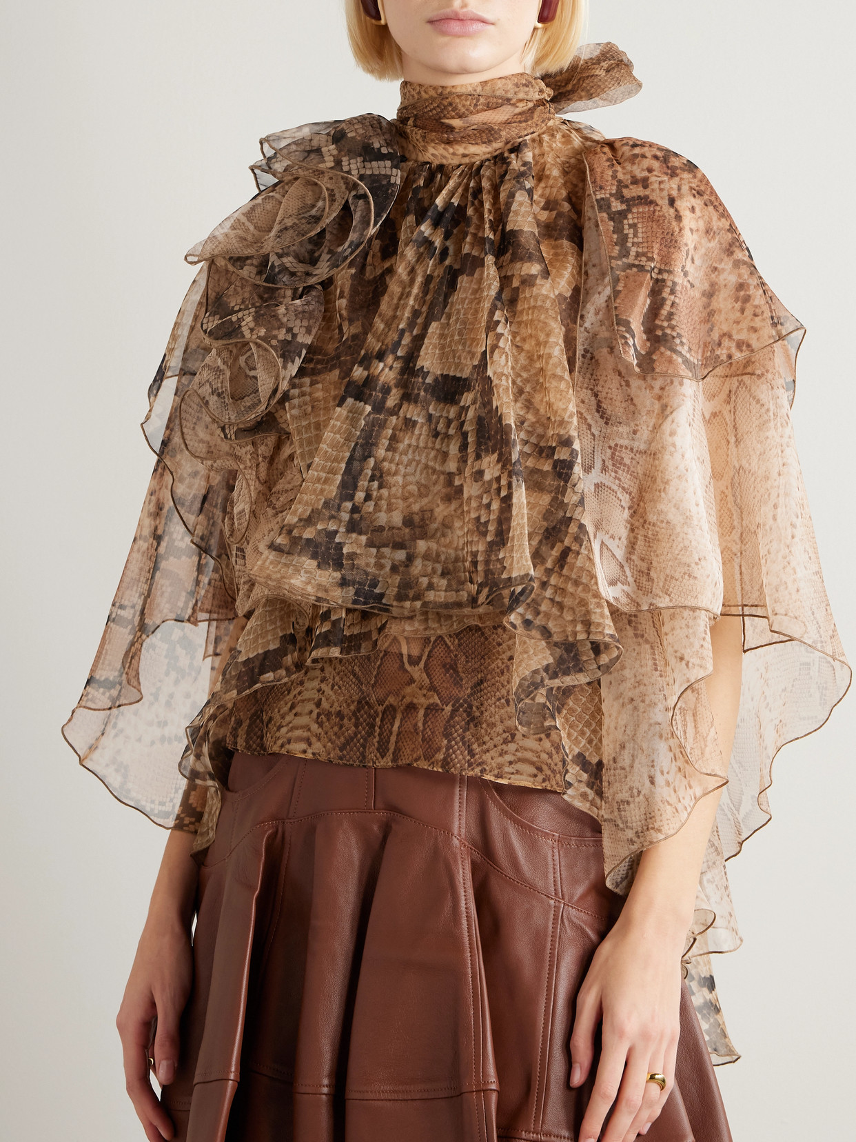 Ruffled Layered Snake-Print Silk-Chiffon Blouse