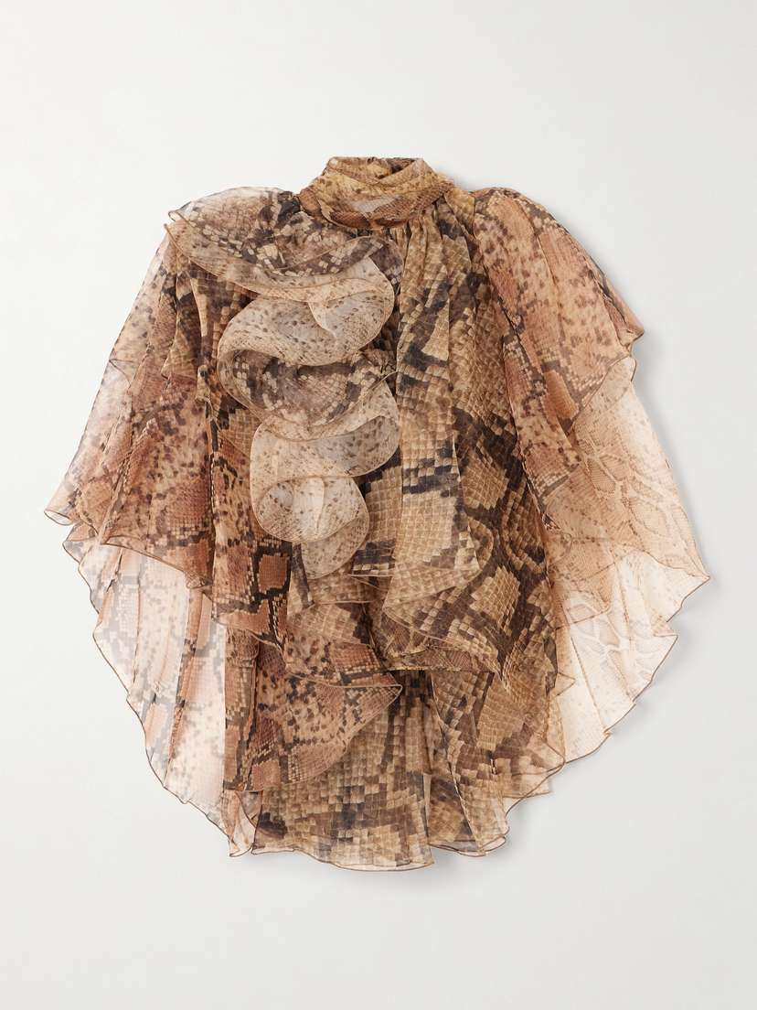 Zimmermann Ruffled Layered Snake-print Silk-chiffon Blouse