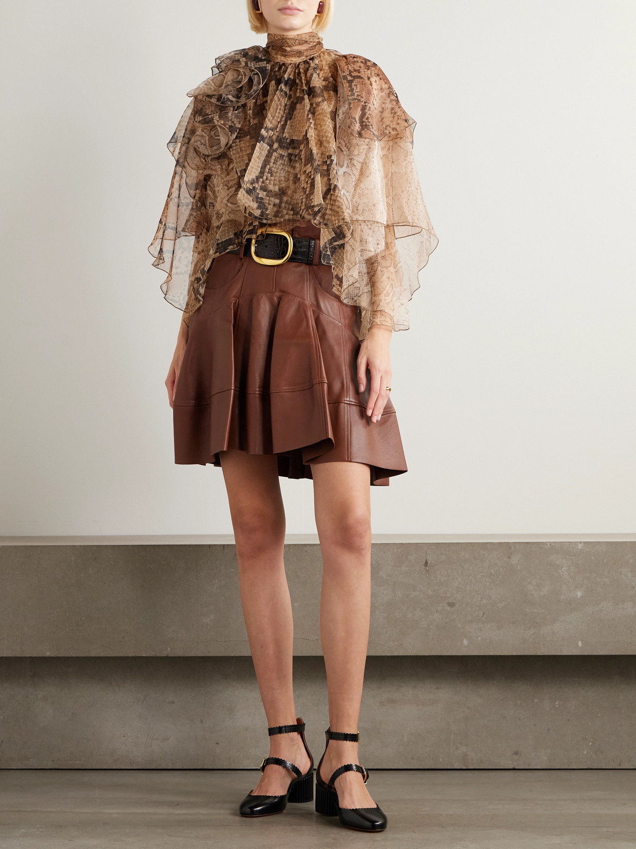 Ruffled Layered Snake-Print Silk-Chiffon Blouse