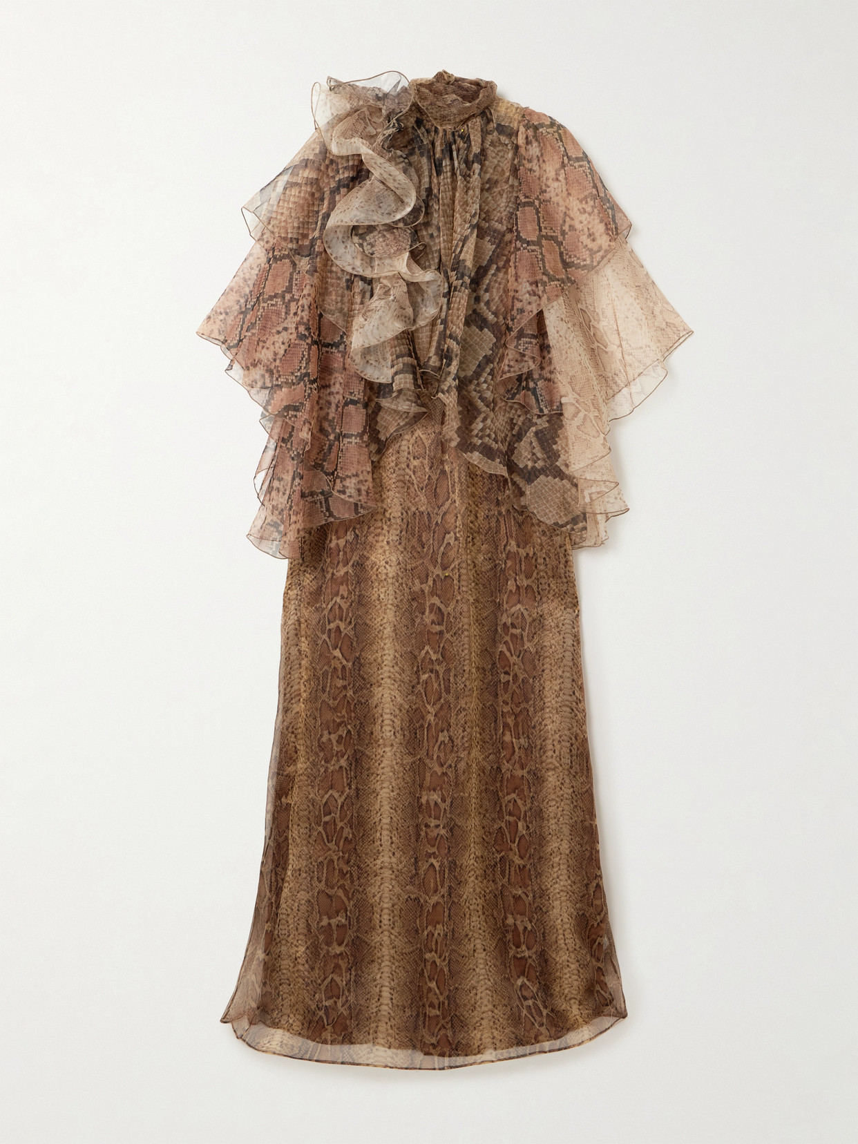 Zimmermann Hypnotic Memento Billow Ruffled Snake-print Silk-organza Gown In Brown