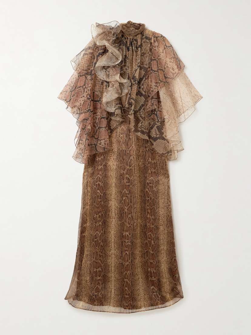 Zimmermann Hypnotic Memento Billow Ruffled Snake-print Silk-organza Gown