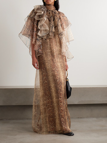 Zimmermann Hypnotic Memento Billow ruffled snake-print silk-organza gown