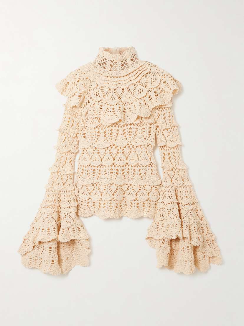 Zimmermann Hypnotic Tiered Crocheted Cotton Turtleneck Top